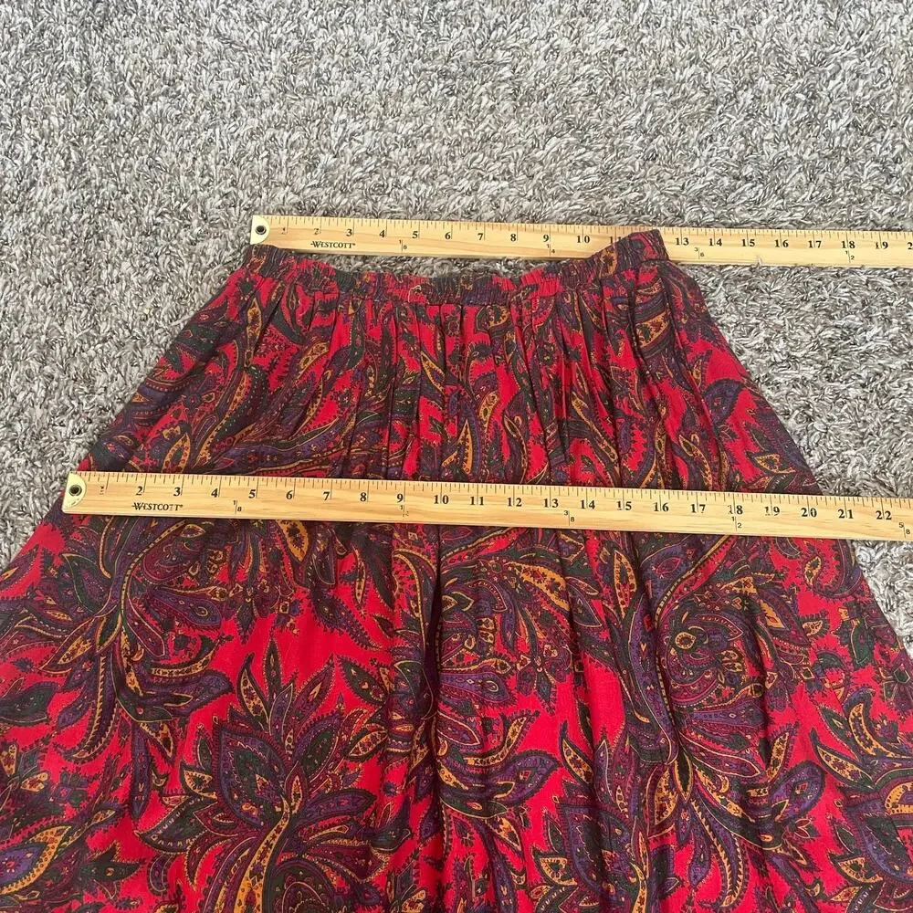 Vintage Midi Skirt Size 10 Red Paisley Pleated A Line Retro Preppy Academia 90s